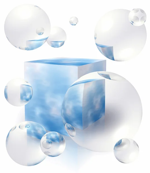 Плавающие пузыри и коробка с синим небом — стоковое фото