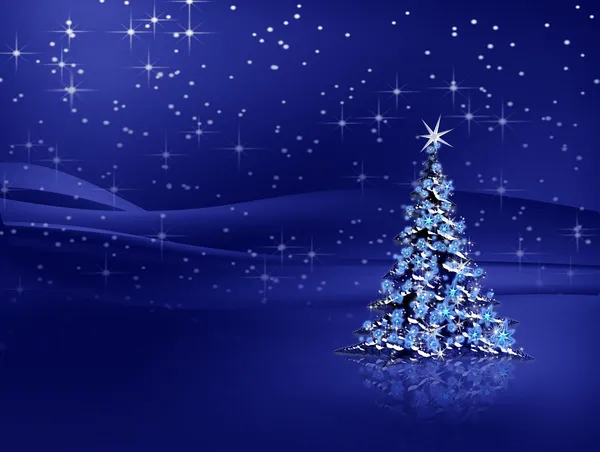 Vánoční strom s sněhové vločky na modré — Stock fotografie