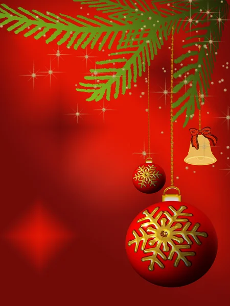 Kerstmis bollen en bell op rood — Stockfoto