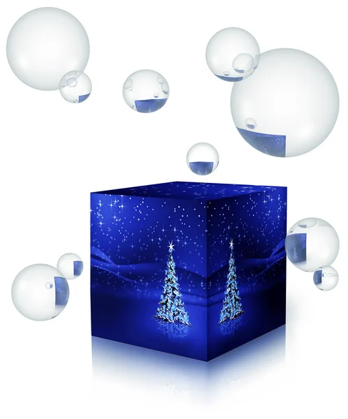 Bir kutu içinde kar taneleri ile Noel ağacı — Stok fotoğraf