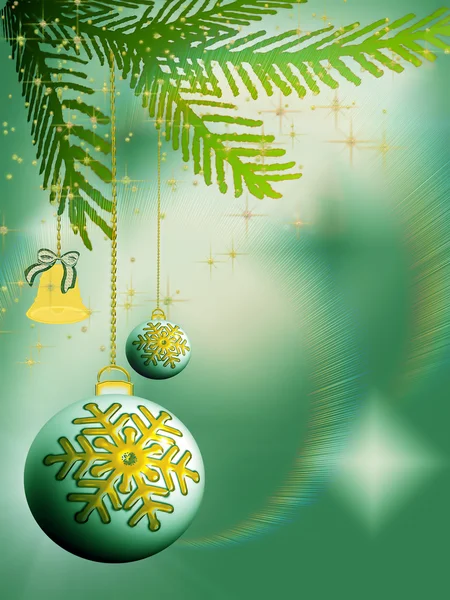 Різдвяні лампочки і дзвін на зеленому — стокове фото
