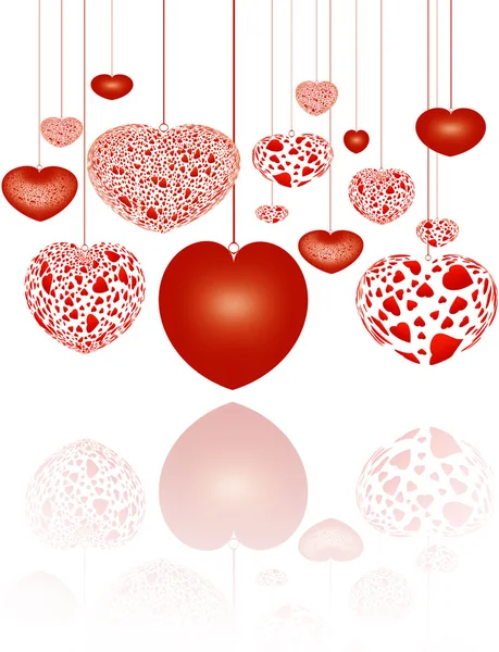 Corações vermelhos decorativos em cordas — Fotografia de Stock