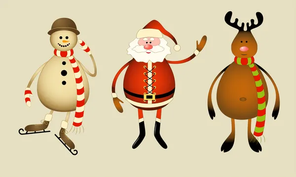 Père Noël, bonhomme de neige, rennes — Image vectorielle