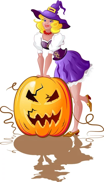 Хэллоуинская девочка с тыквой — стоковый вектор