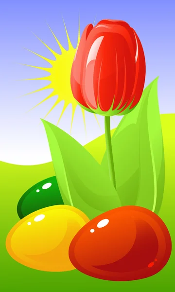 Velikonoce. Tulipán a barevné vejce — Stockový vektor