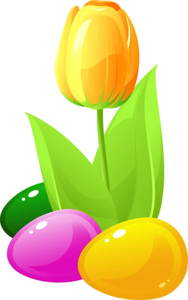 Easter. Tulip and colored eggs — Stock Vector