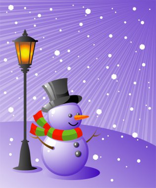 Snowman stands under a lamp on a snowy e clipart