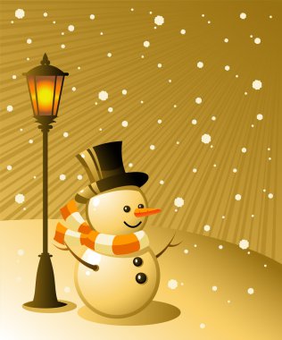 Snowman stands under a lamp on a snowy e clipart