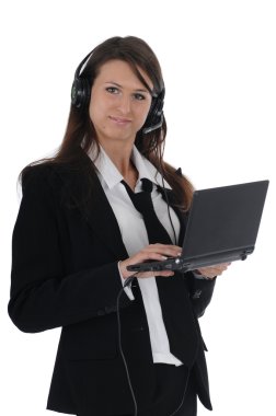 Girl with headset and netbook clipart