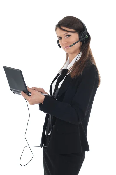 Girl with headset and netbook — Stock Photo, Image