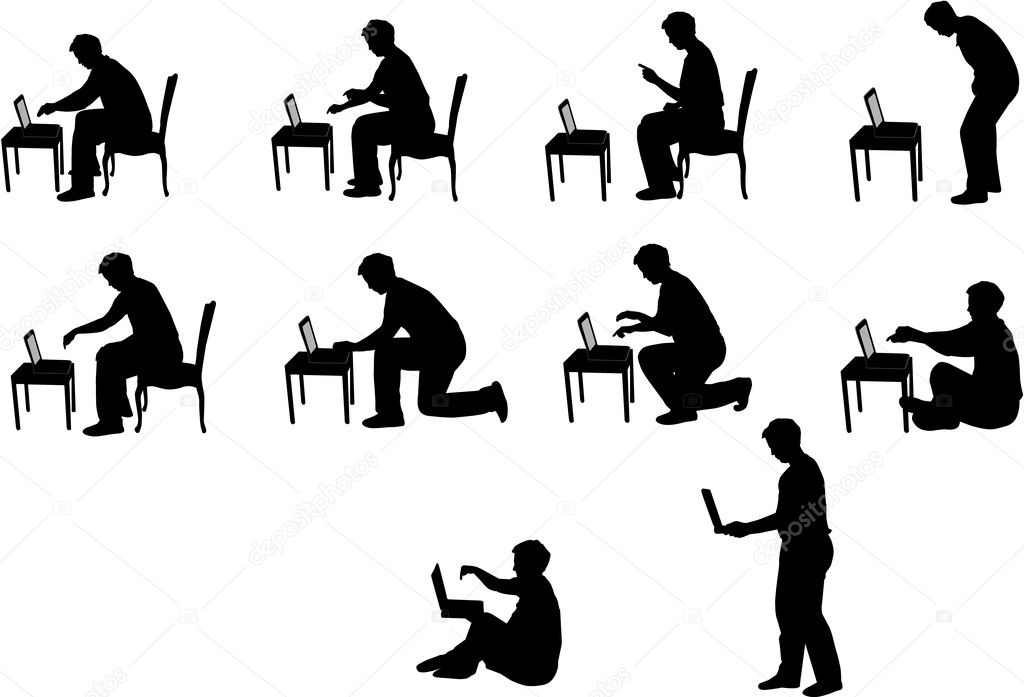 Vector silhouettes of man with laptop
