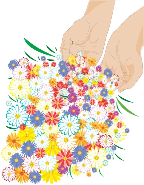Hands sprinkling flowers everywherе - ve — Stock Vector