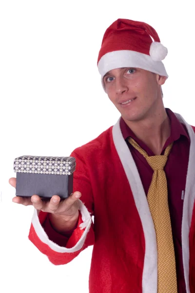 Молодой Санта Клаус с коробкой — стоковое фото