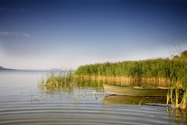 Красивое озеро с лодкой — стоковое фото