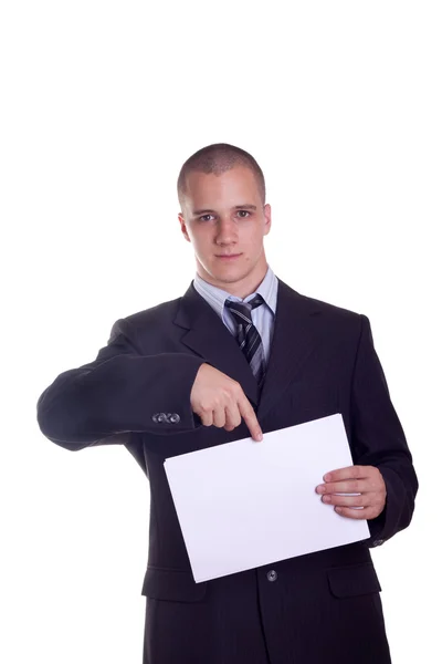 Empresário mostrando um cartão branco — Fotografia de Stock