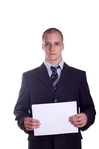 Businessman showing a white card — Stock Photo, Image