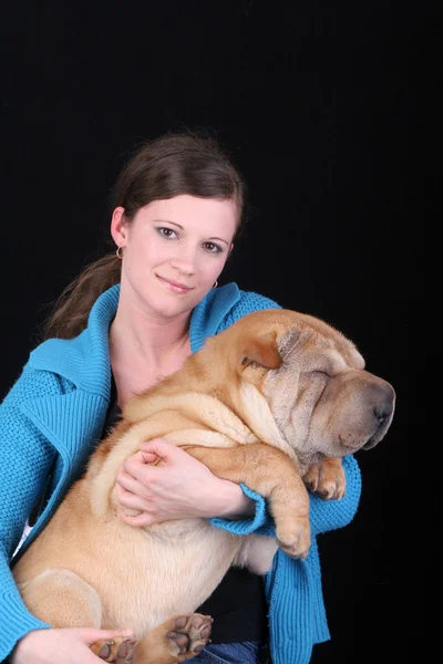 stock image Beautiful woman and Sharpei