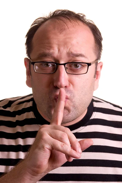 Man wearing glasses showing keep quiet sign - sh — Stock Photo, Image