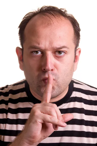 Homem mostrando manter signo quieto - shhh. O conceito — Fotografia de Stock