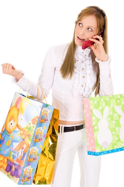 Blond girl shopping and talking — Stock Photo, Image