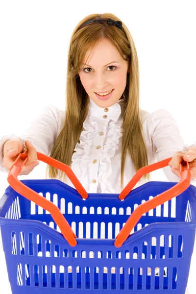 Brunette girl with shopping basket — Stock Photo, Image