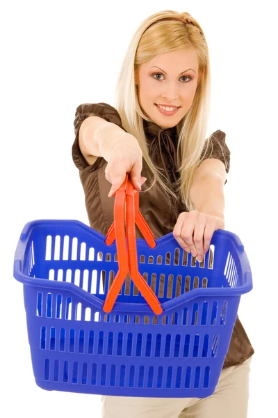 Blond girl with shopping basket — Stock Photo, Image