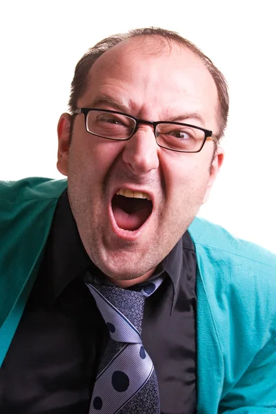 Frustrierter Manager mit Brille brüllt Stockbild