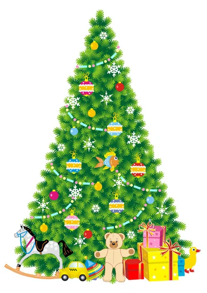 Christmas tree, ornaments, gifts, toys — Stock Illustration Christmas tree, ornaments, gifts, toys Stock Illustration