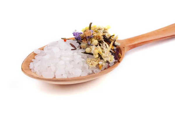 Spoon with sea salt and herbs — Stock Photo, Image