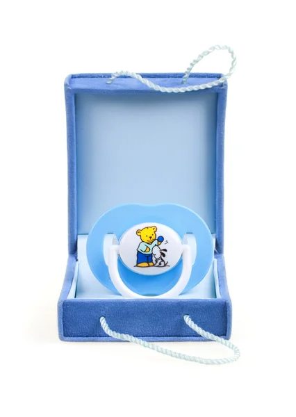 Blue pacifier in box — Stock Photo, Image
