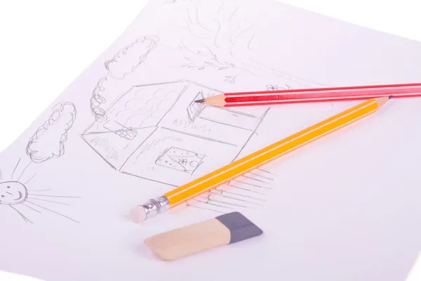 Desenho, lápis e borracha — Fotografia de Stock