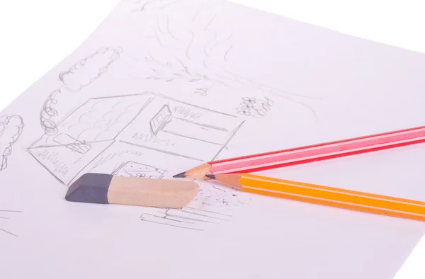 Dibujos, lápiz y borrador — Foto de Stock