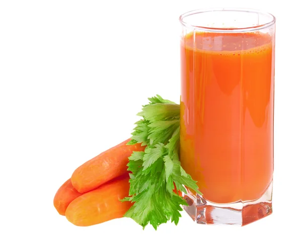 Succo di carota fresco con foglie di sedano — Foto Stock
