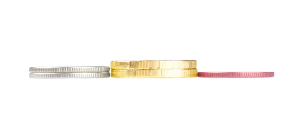 Złote, srebrne i brązowe stosy monet — Zdjęcie stockowe