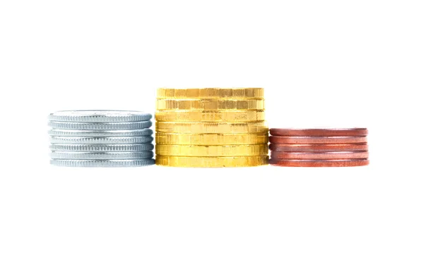 stock image Gold, silver and bronze stacks of coins