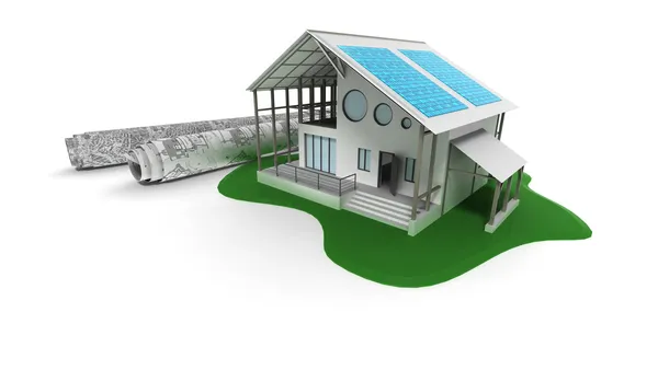 3D будинок з сонячними панелями — стокове фото