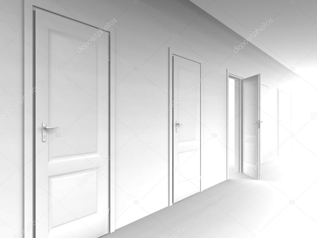 Wall and opened door on a white background