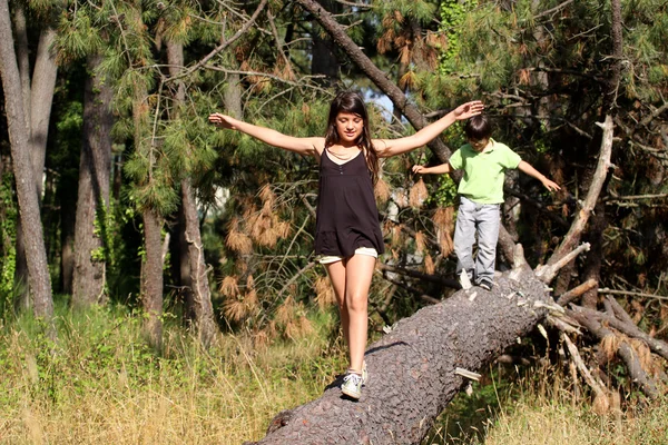 stock image Girl walking across log