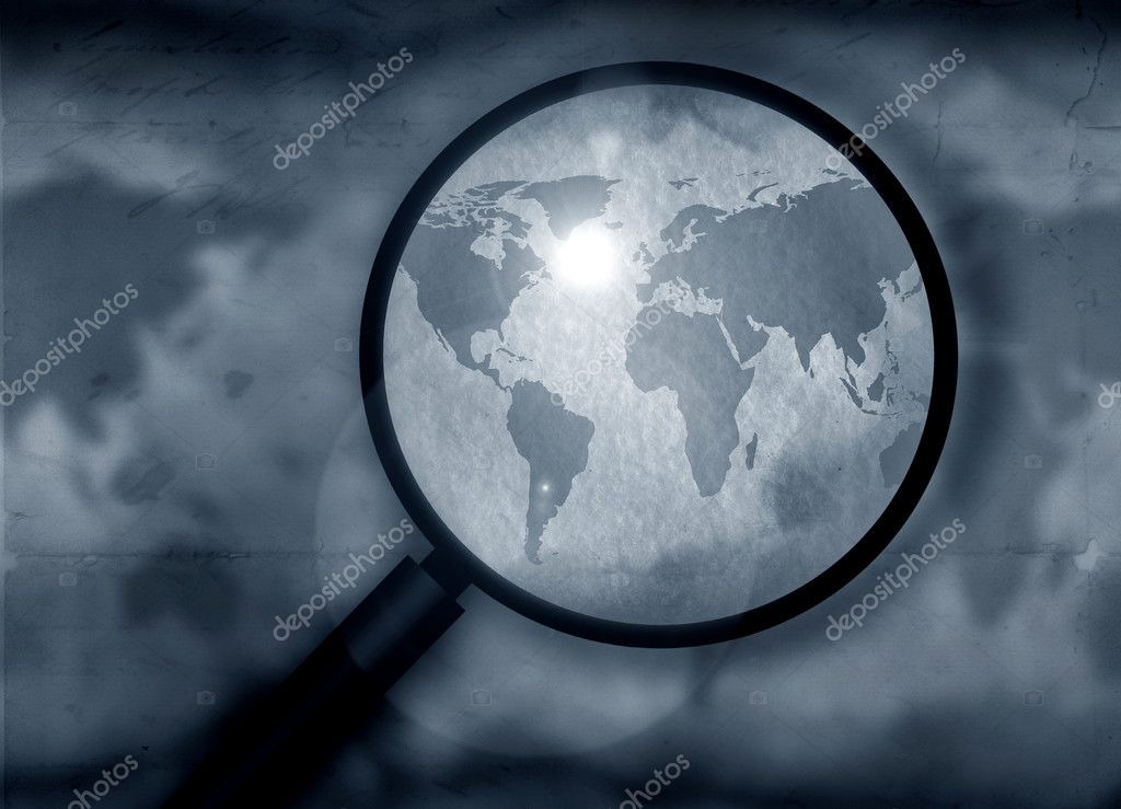 Vintage world map with magnifying glass