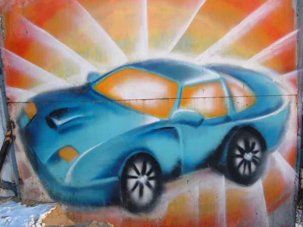 Graffiti car on the gate of the garage. — Stock Photo, Image