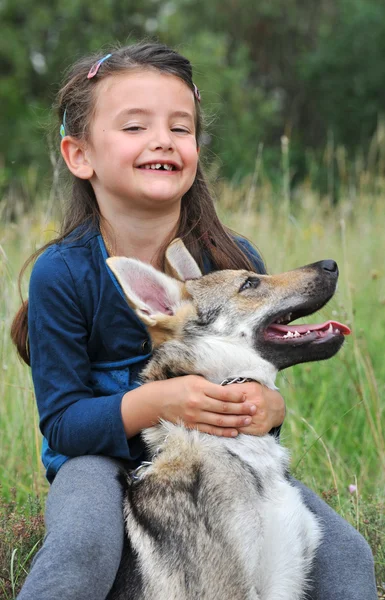 Little girl and her baby wolf dog — Stock Photo, Image