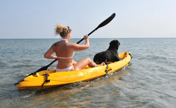 Woman and og on a kayak — Stock Photo, Image