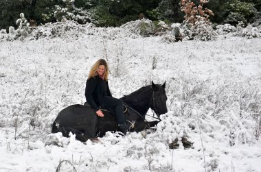 Girl and horse in snow clipart