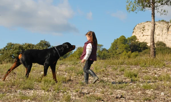 Little girl and rottweiler — Stock Photo, Image
