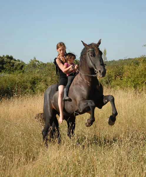 Rearing stallion, teen and child — Stock Photo, Image