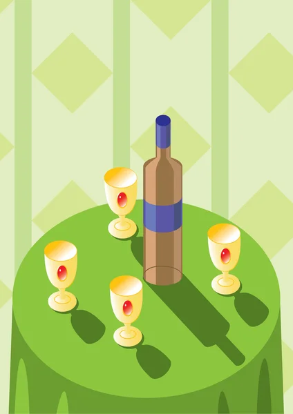 şişe ve yeşil masada altın kupa