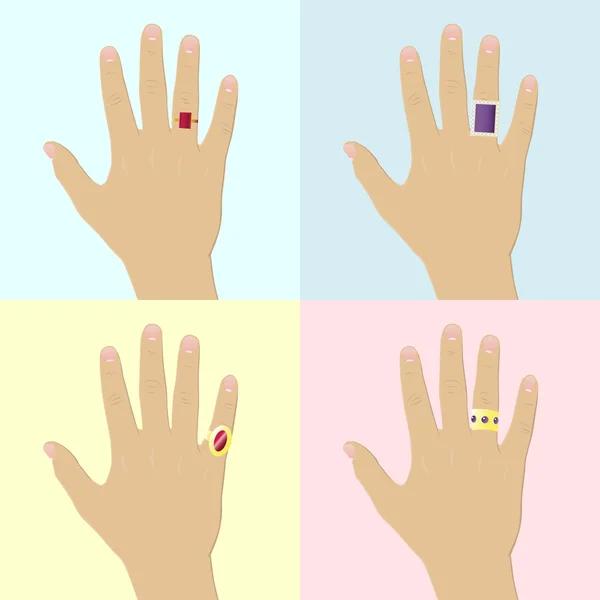 Quatre mains avec anneaux — Image vectorielle