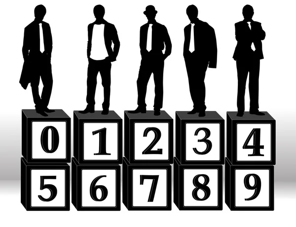 Omul de afaceri cu cuburi și cifre — Vector de stoc