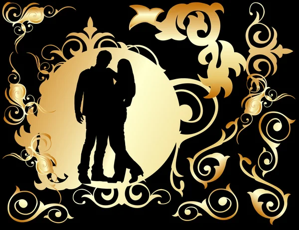 Two lovers in a golden frame — Stock Vector