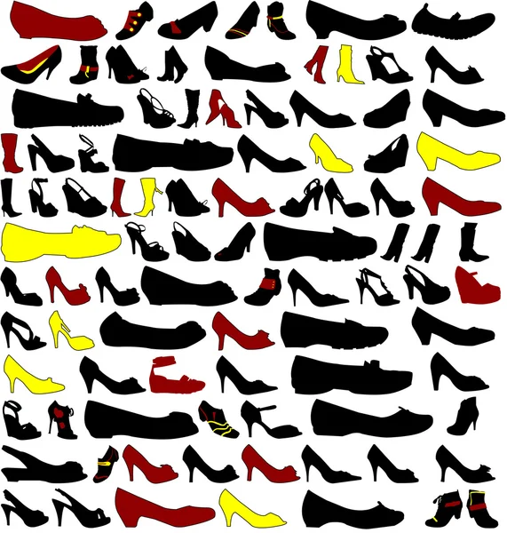 Många silhuetter av skor — Stock vektor